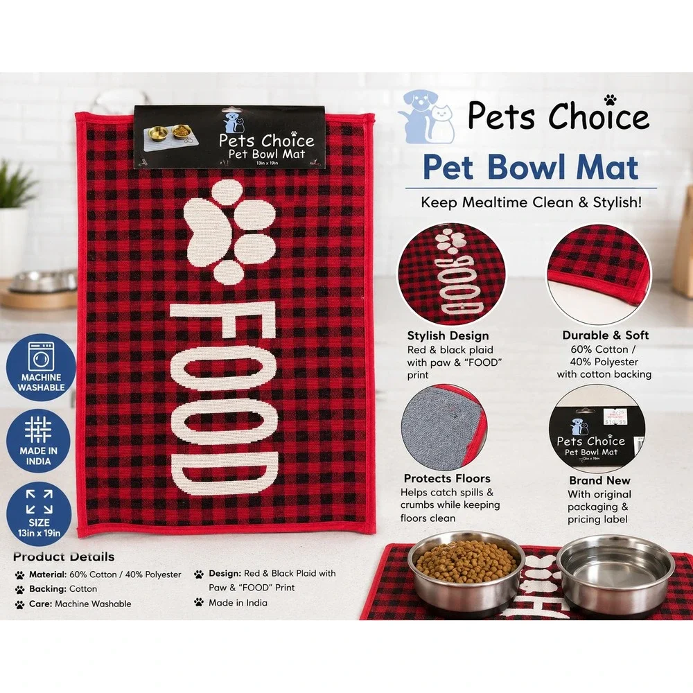 Pets Choice Red Buffalo Plaid Pet Bowl Mat Food Paw Print 13x19 NWT
